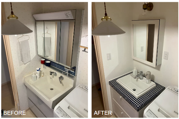 洗面化粧台のリフォーム事例【Wood one 無垢の木の洗面台】