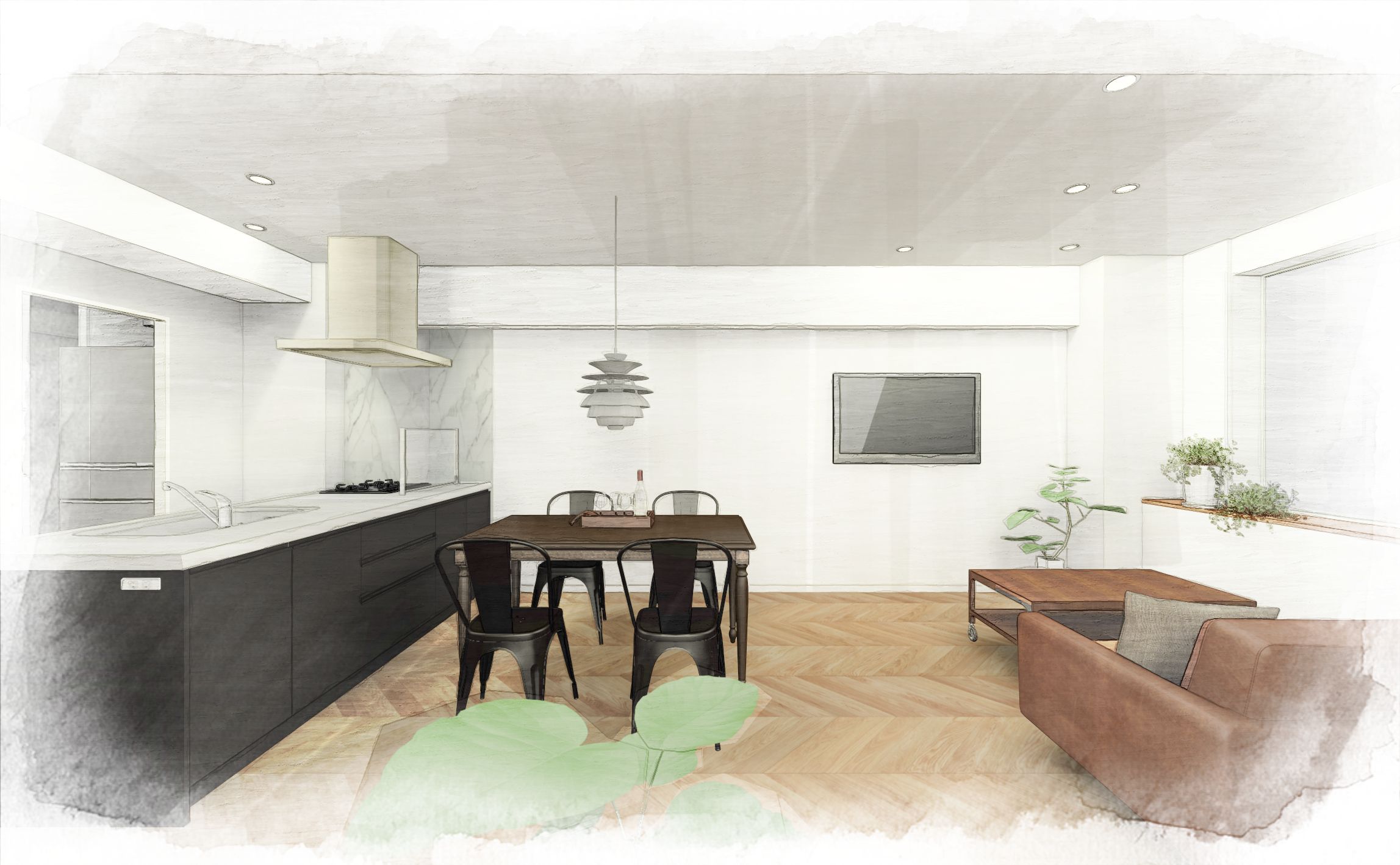 シンプルな間取り①～ヘリンボーン張の床～