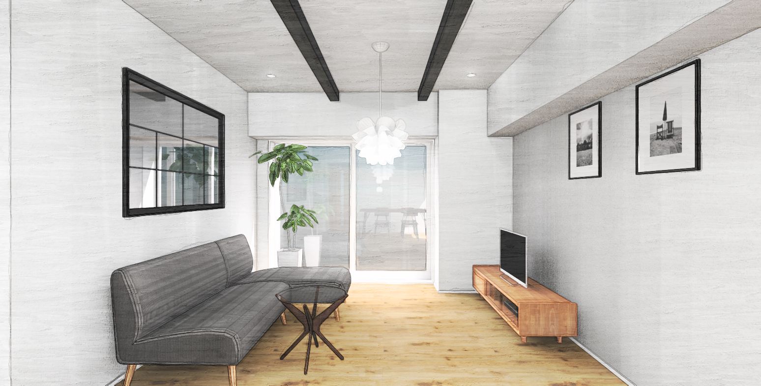 インテリアパース:リビングに室内窓と化粧梁を♪