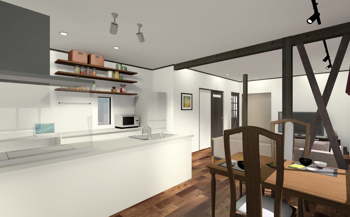 インテリアパース：柱・梁・筋交いの現し仕上げ