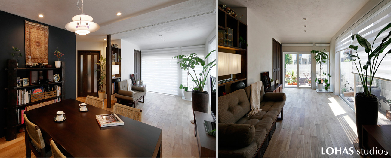 貴賓あるアジアン家具と見事に調和したLDの様子