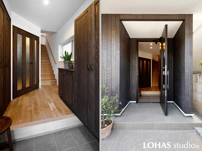 木素材を活かした大人モダンな玄関の様子