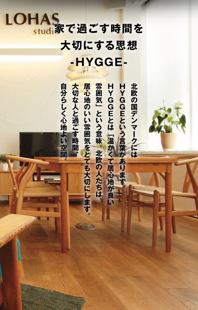 家で過ごす時間を大切にする思想 -HYGGE- 北欧の国デンマークにはＨＹＧＧＥという言葉があります。ＨＹＧＧＥとは「温かくて居心地が良い雰囲気」という意味。 北欧の人たちは、居心地のいい雰囲気をとても大切にします。大切な人と過ごす時間、自分らしく心地よい空間。